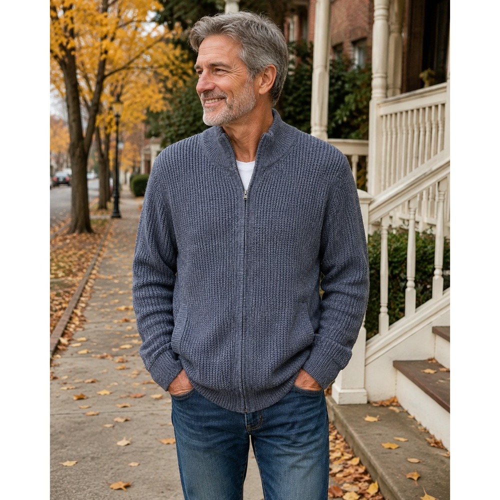 VTG LL Bean Sweater Men XL Knit Fleece Lined Full Zip Organic Cotton Pockets